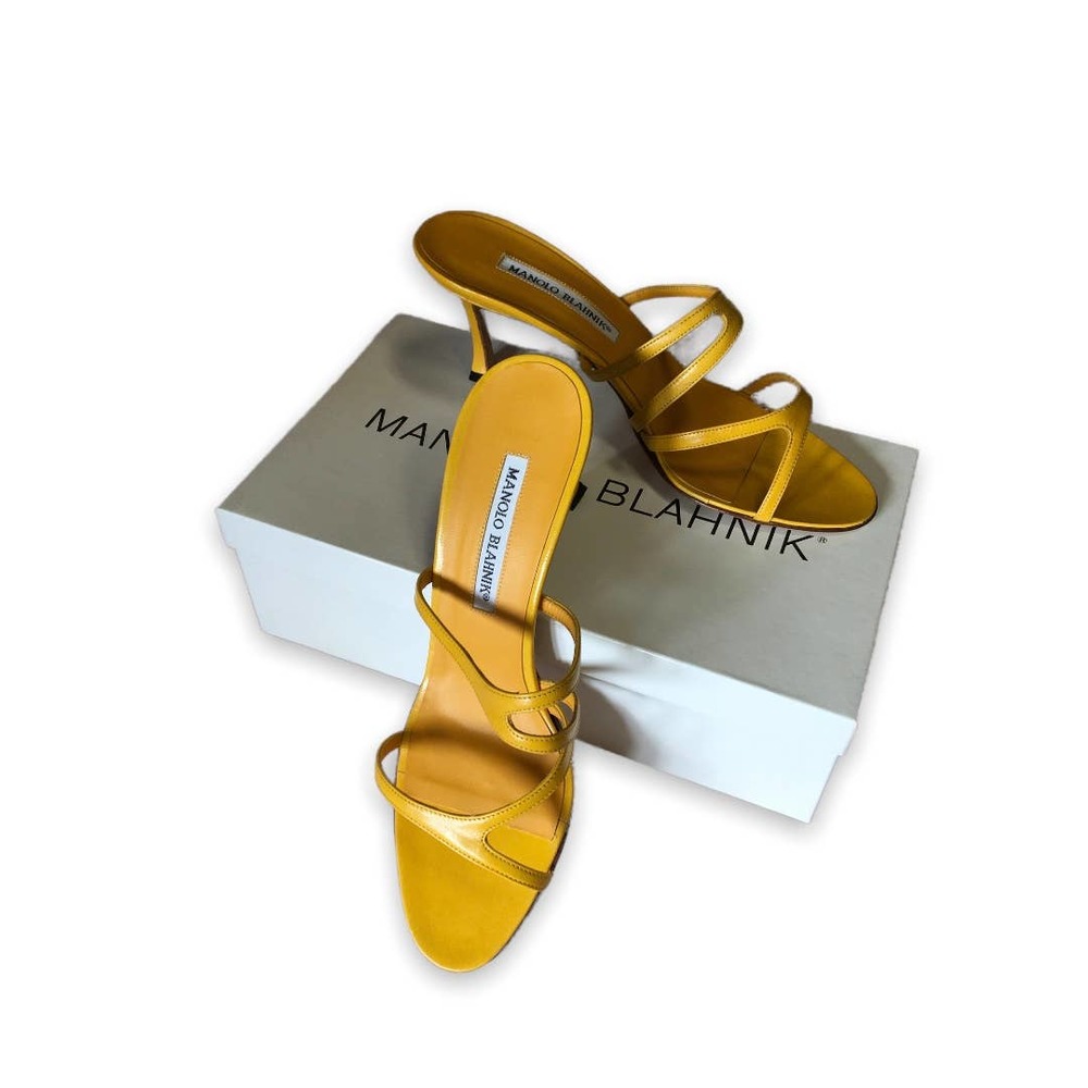 Yellow Manolo Blahnik Strappy Cutout Heels 38 Vintage Designer